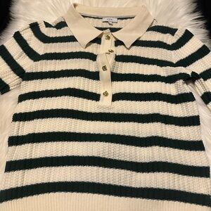 VOY Cream & Dark Green Striped Polo Sweater